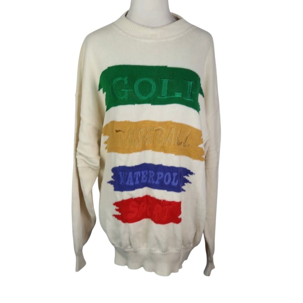 Vintage 90s Cream Sports Theme Paint Stroke Knit Sweater Mens M